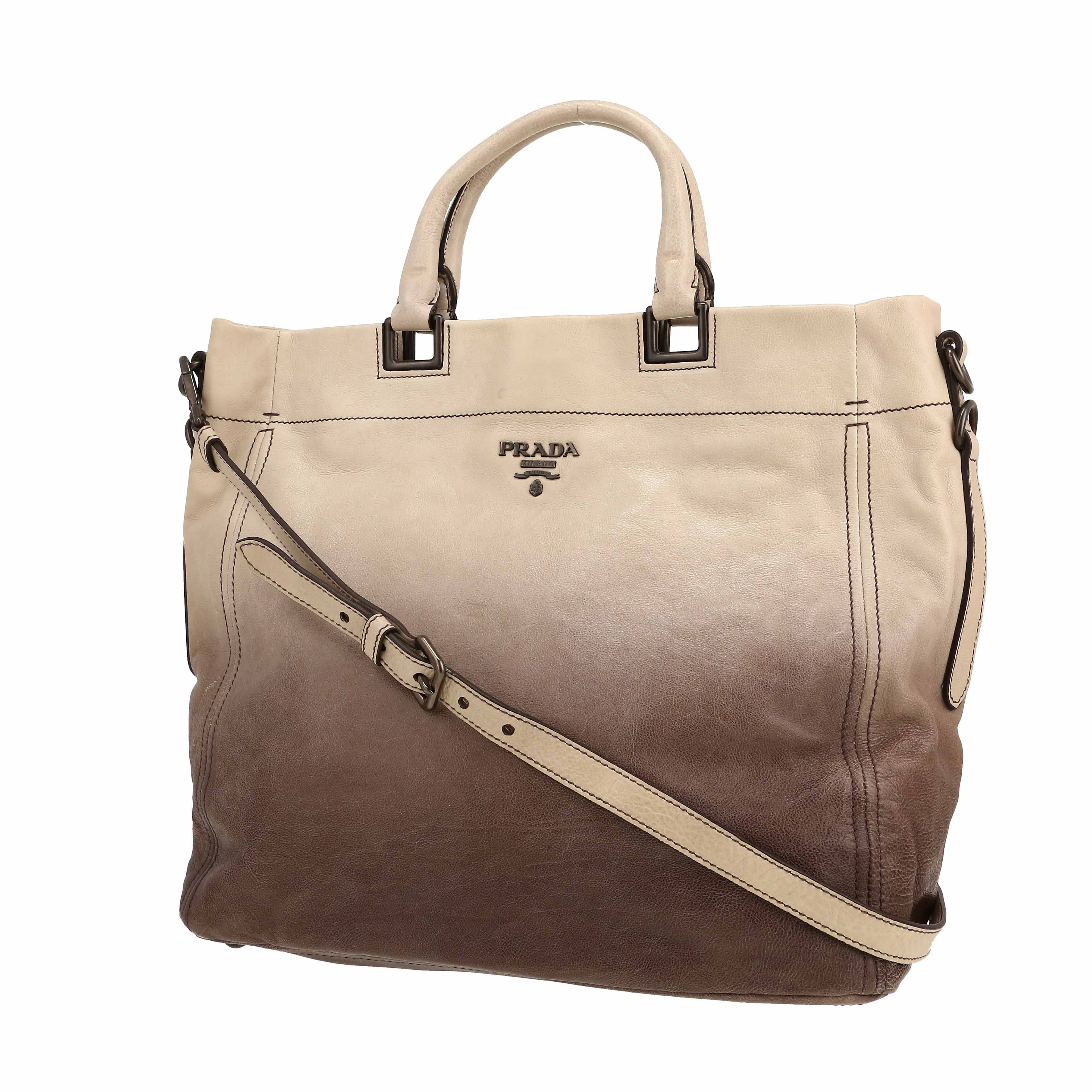 Sac à main Prada   en cuir marron et écru - Detail D4