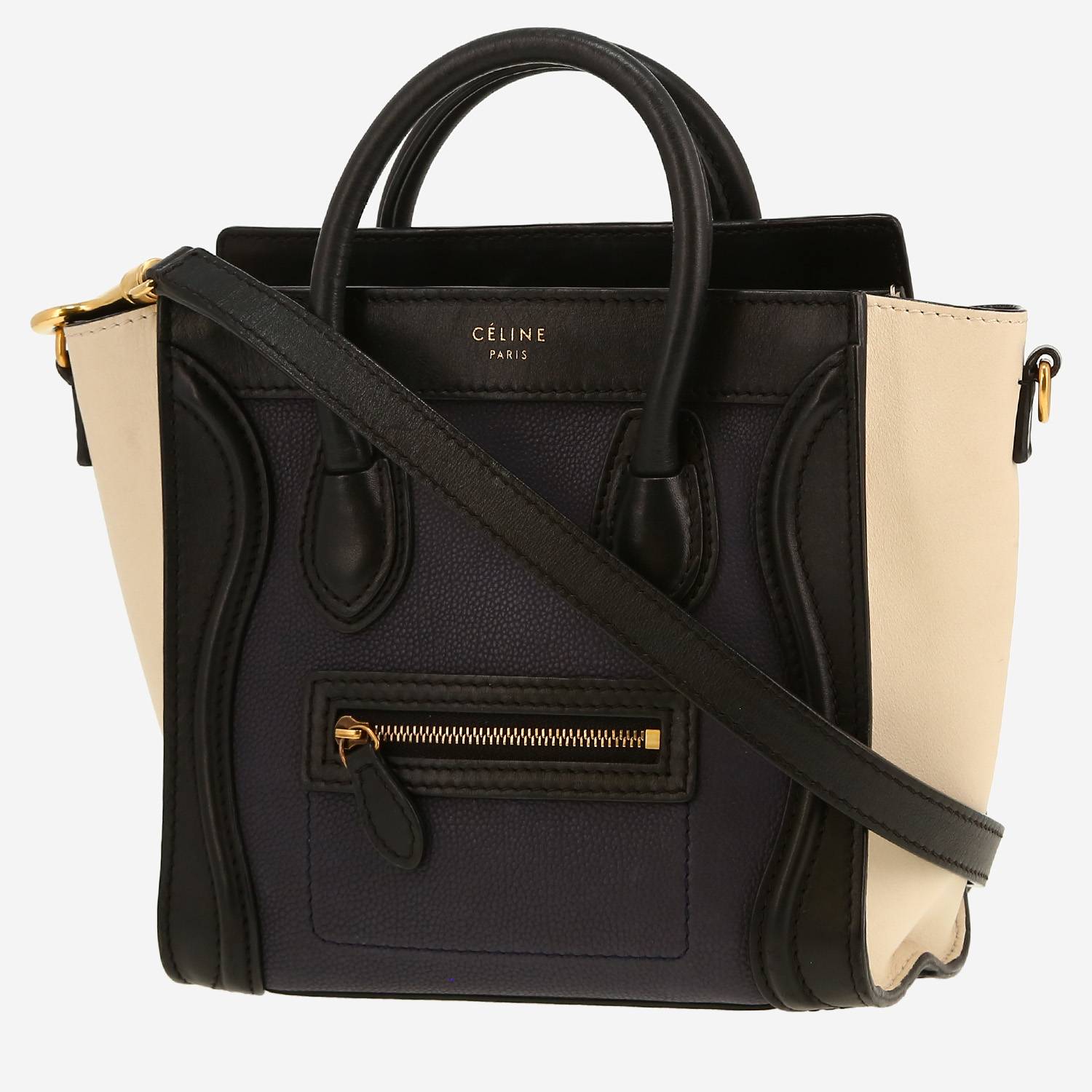 Celine  Luggage Nano shoulder bag  in black and beige leather  and navy blue grained leather