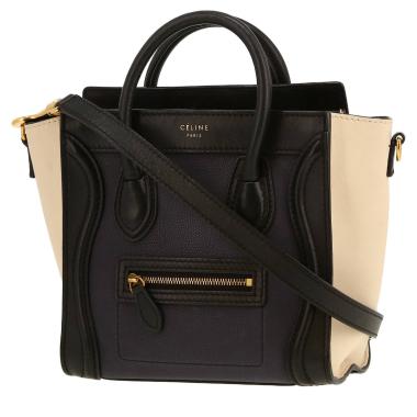 Celine  Luggage Nano shoulder bag  in black and beige leather  and navy blue grained leather