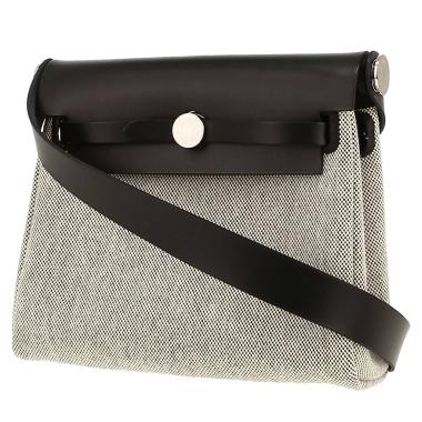 Hermès  Herbag mini  shoulder bag  in beige and black canvas  and black leather