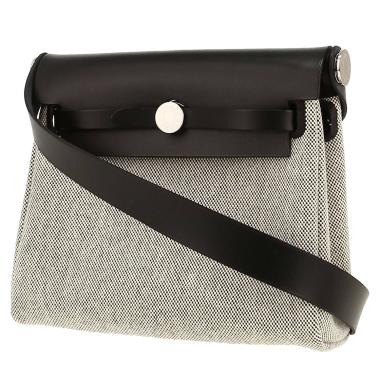 Sac bandoulière Hermès  Herbag mini  en toile beige et noire et cuir noir