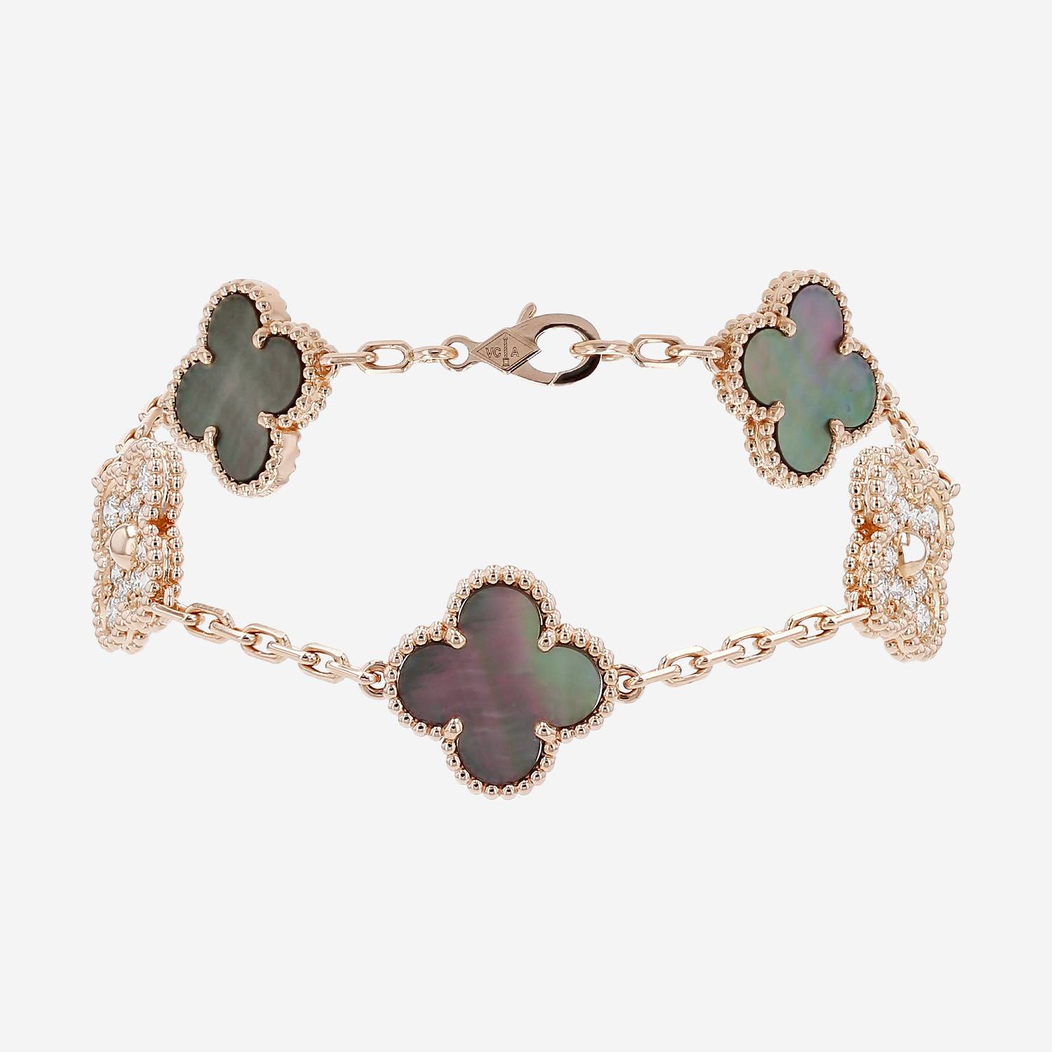 Bracciale Van Cleef & Arpels Vintage Alhambra in oro rosa, madreperla grigio e diamanti