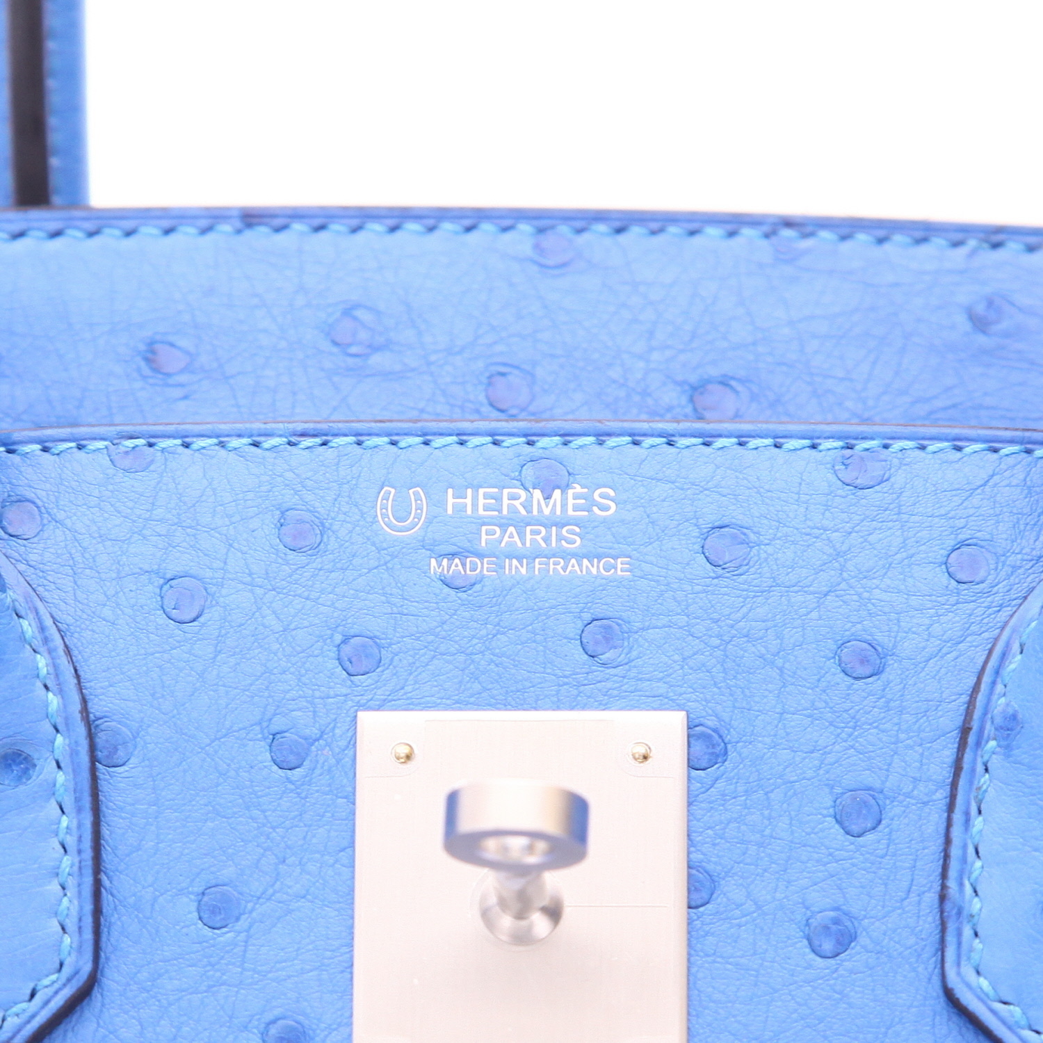 Bolso de mano Hermès  Birkin 30 cm en avestruz azul - Detail D2