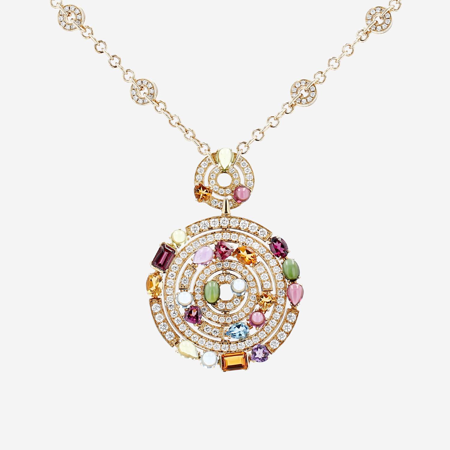 Bulgari Astrale large model necklace in yellow gold, diamonds and colored stones, in tourmaline and in amethyst