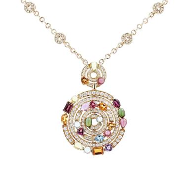 Collier Bulgari Astrale grand modèle en or jaune, diamants et pierres de couleurs, en tourmaline et en améthyste