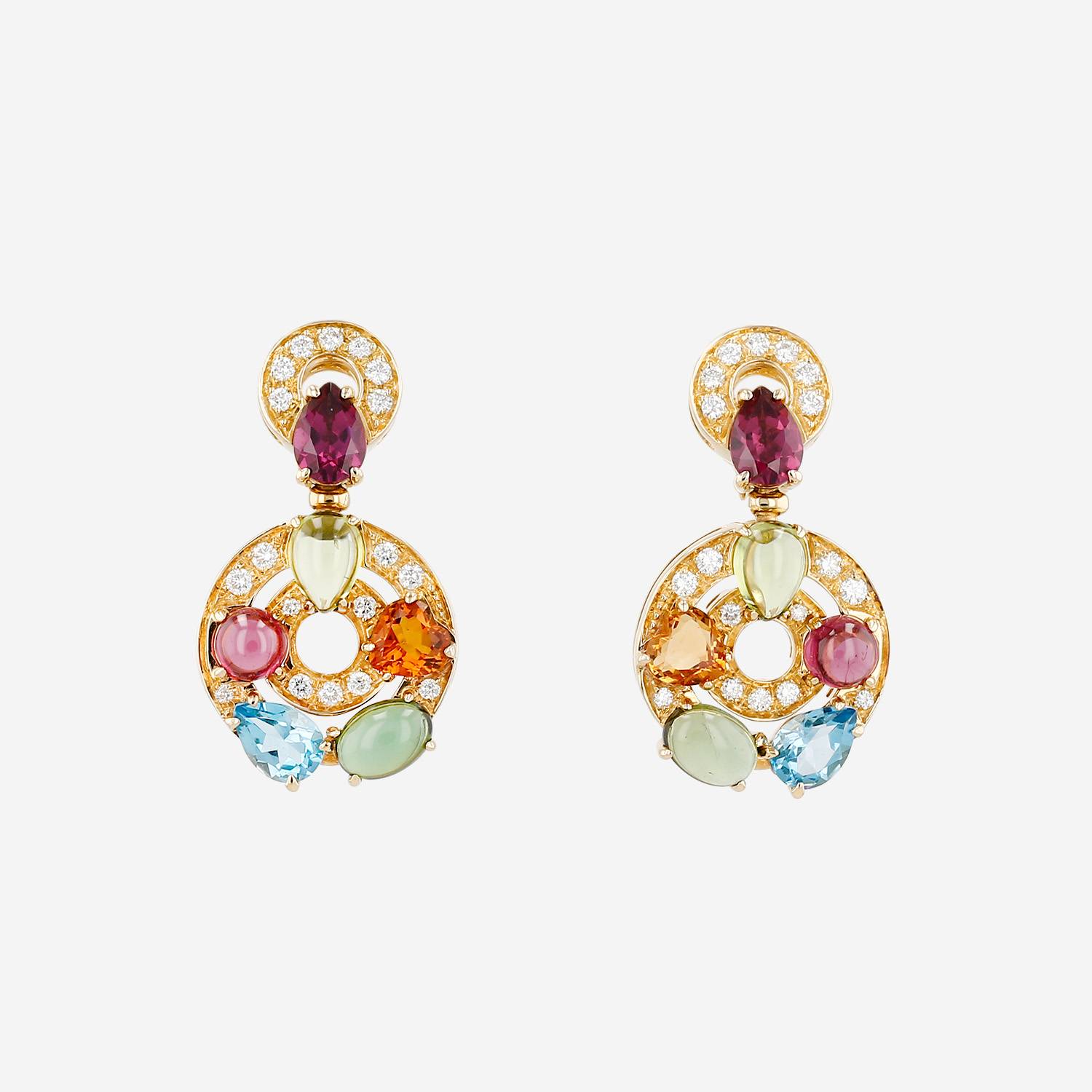 Half-articulated Bulgari Astrale earrings in yellow gold, colored stones and diamonds, in tourmaline and in peridots