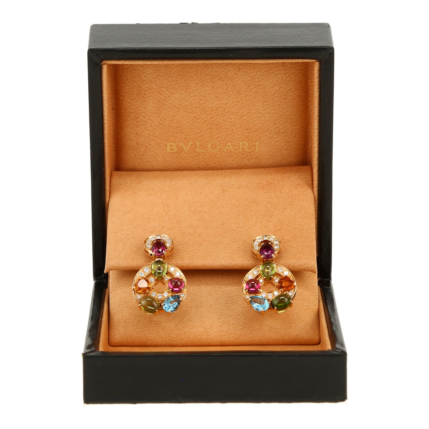 Pendientes semiarticulados Bulgari Astrale de oro amarillo, piedras de colores y diamantes, de turmalinas y en peridotos - Detail D2