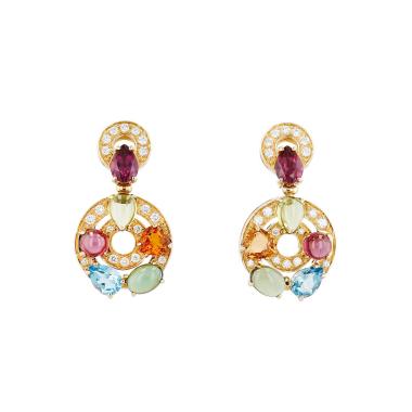 Half-articulated Bulgari Astrale earrings in yellow gold, colored stones and diamonds, in tourmaline and in peridots