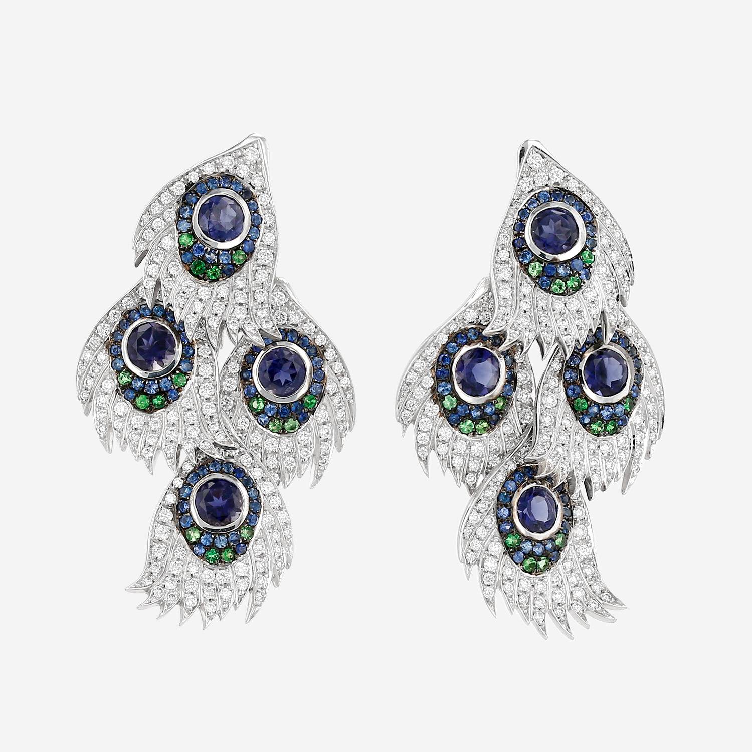 Paire de boucles d'oreilles en or blanc, saphirs, tsavorites et diamants