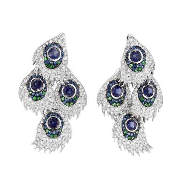 Orecchini  in oro bianco, zaffiri, Tsavorite e diamanti
