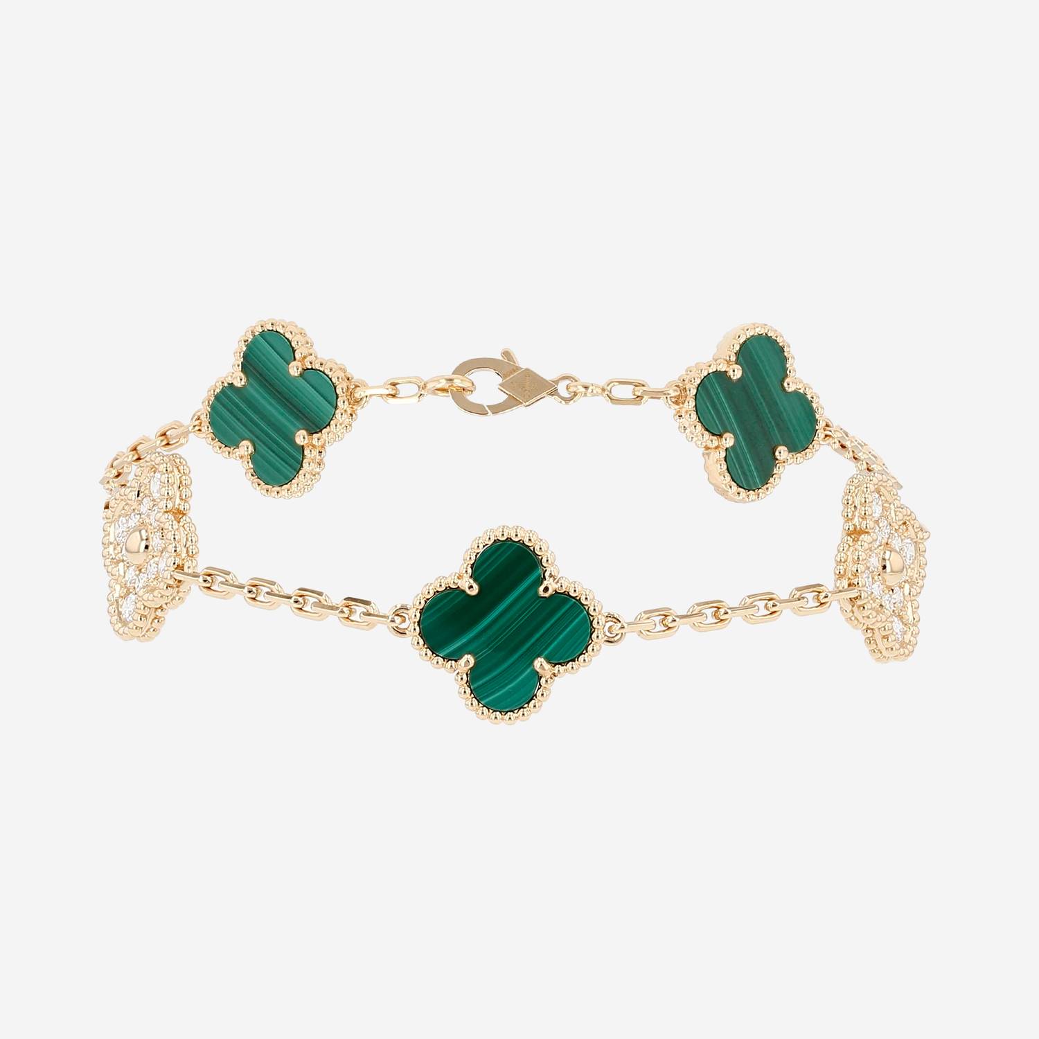 Bracelet Van Cleef 
Arpels Vintage Alhambra en or jaune, malachite et diamants