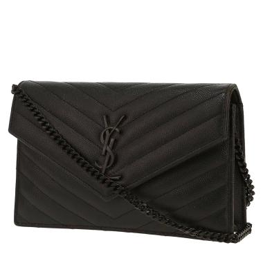 Sac bandoulière Saint Laurent  Cassandre Envelope Chain Wallet en cuir grainé matelassé noir