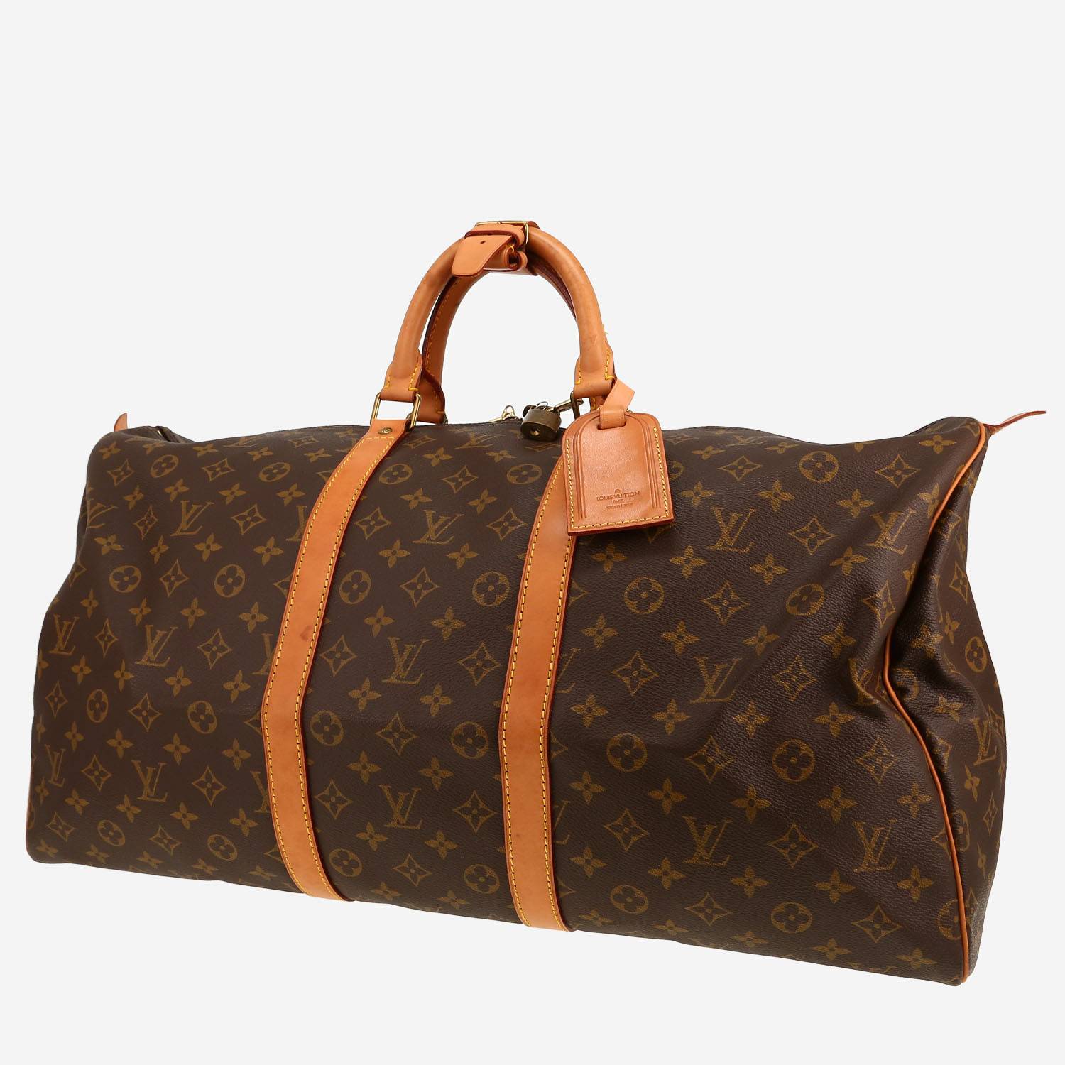 Sac de voyage Louis Vuitton  Keepall 55 en toile monogram marron et cuir naturel