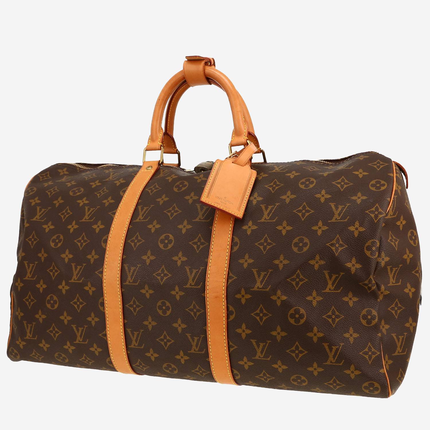 Borsa da viaggio Louis Vuitton  Keepall 50 in tela monogram marrone e pelle naturale