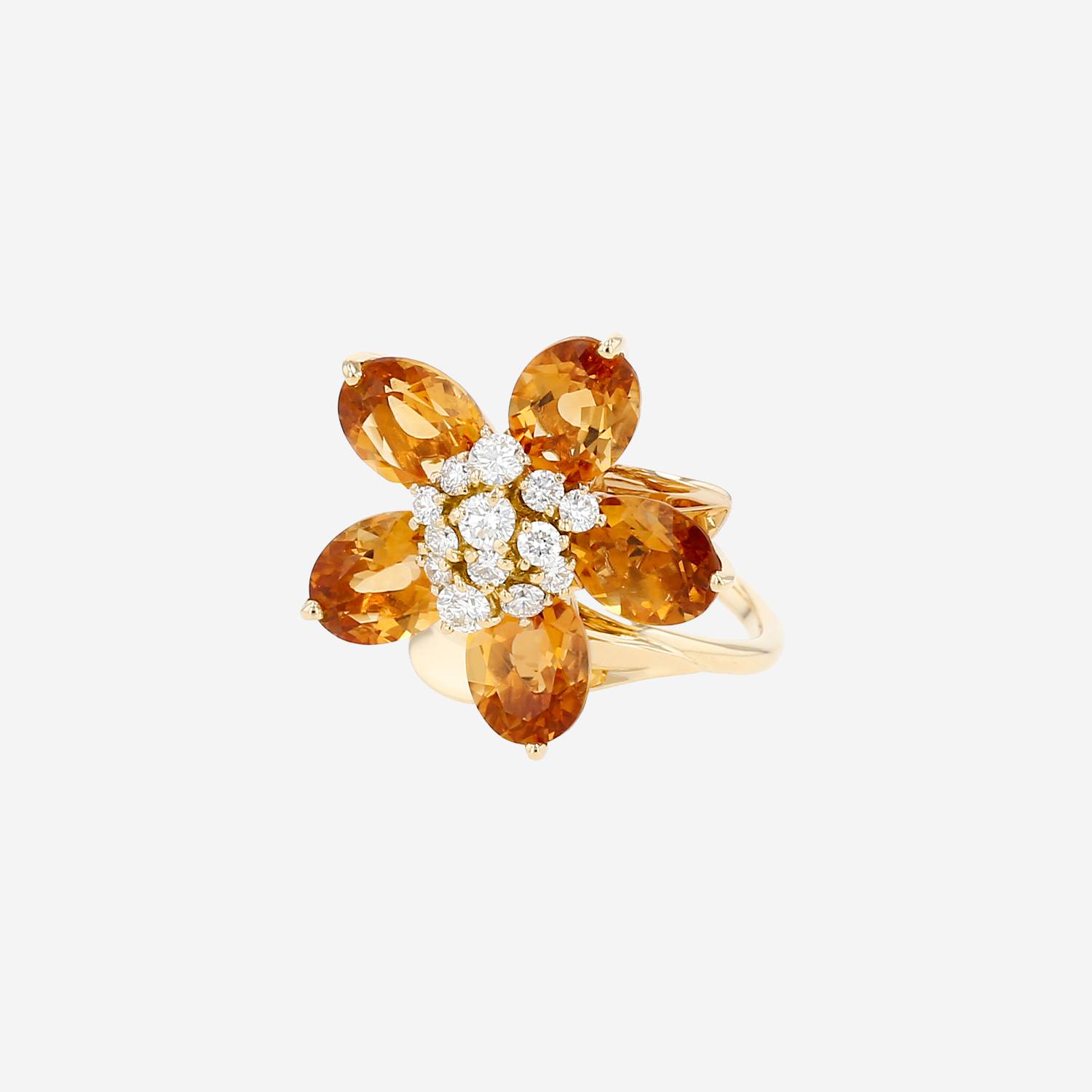 Half-articulated Van Cleef 
Arpels Fleurs d'Hawaï ring in yellow gold, citrine and diamonds