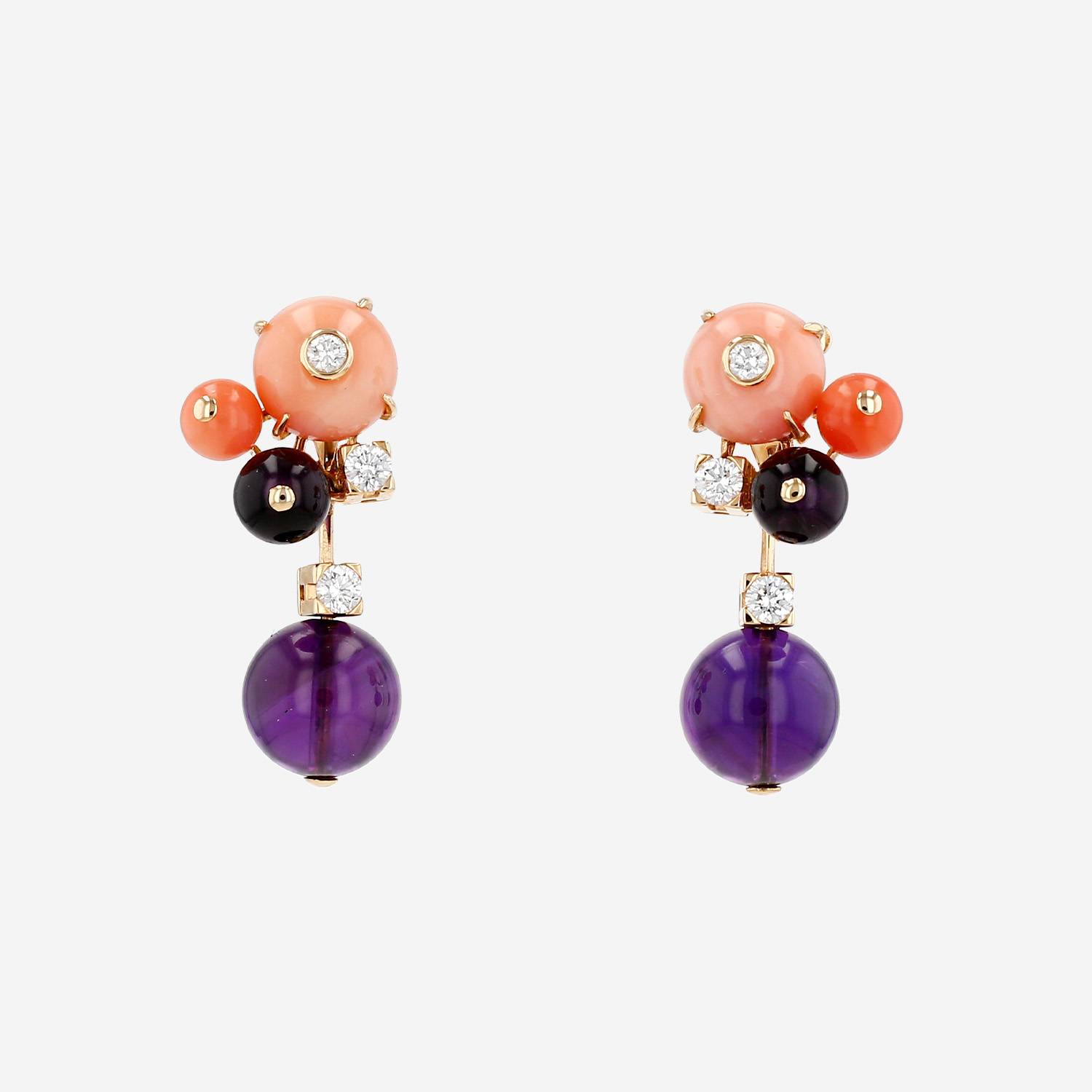 Half-articulated Cartier Délice de Goa earrings in yellow gold,  amethysts and coral