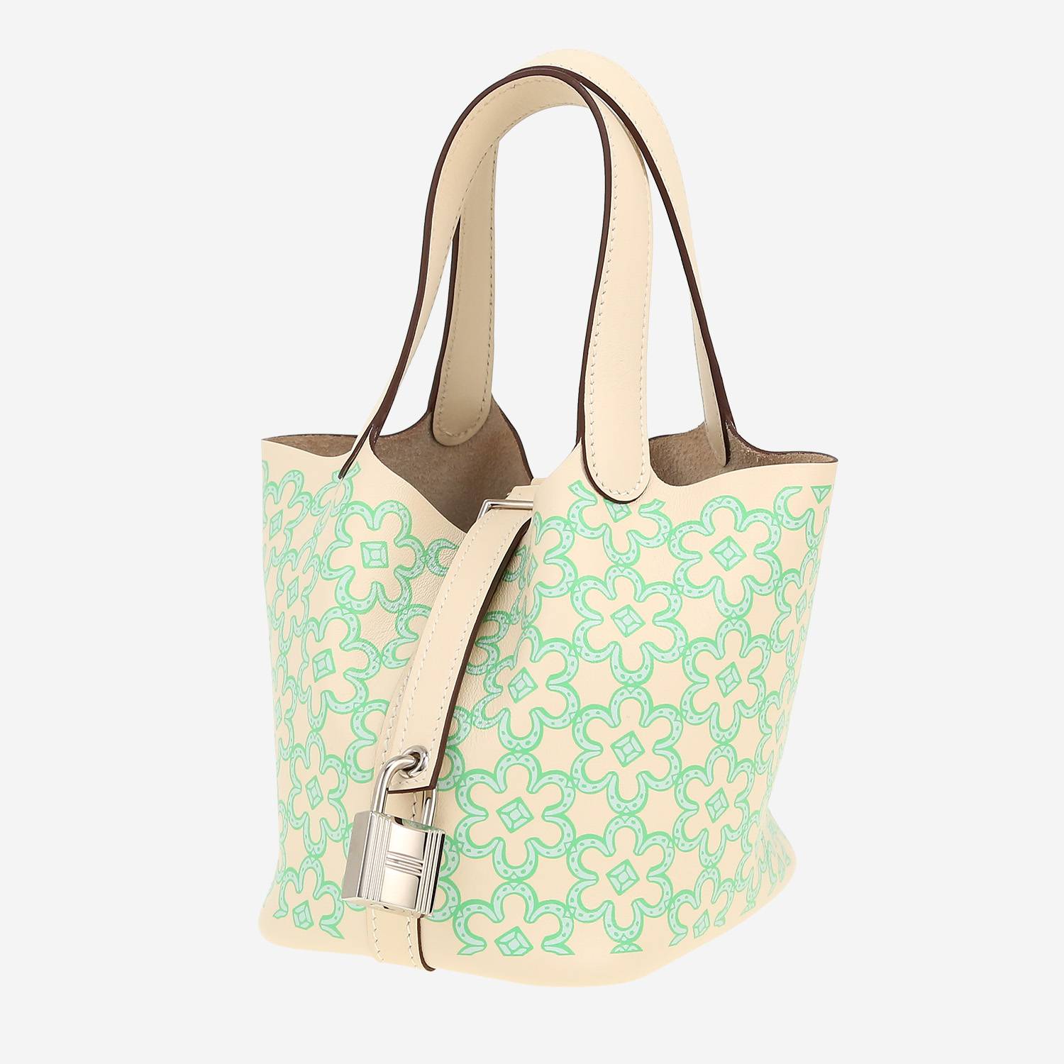Bolso de mano Hermès  Picotin Lock Micro Lucky Daisy en cuero swift Nata y verde