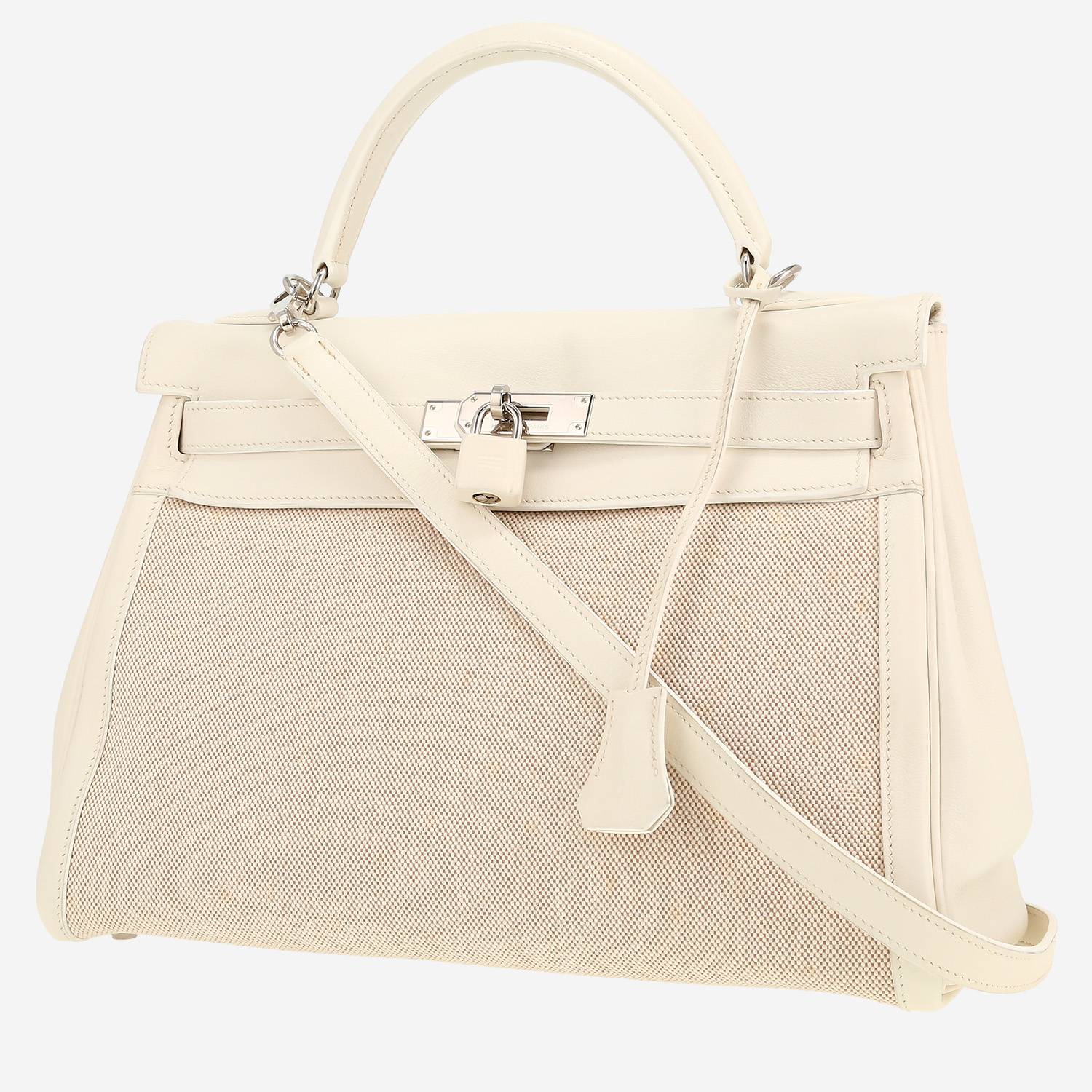 Hermès  Kelly 32 cm handbag  in beige canvas  and white Swift leather