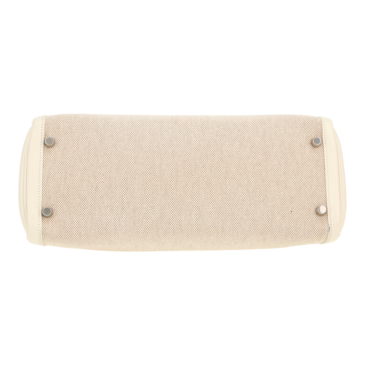Sac à main Hermès  Kelly 32 cm en toile beige et cuir Swift blanc - Detail D1
