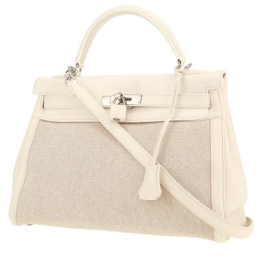 Bolso de mano Hermès  Kelly 32 cm en lona beige y cuero swift blanco
