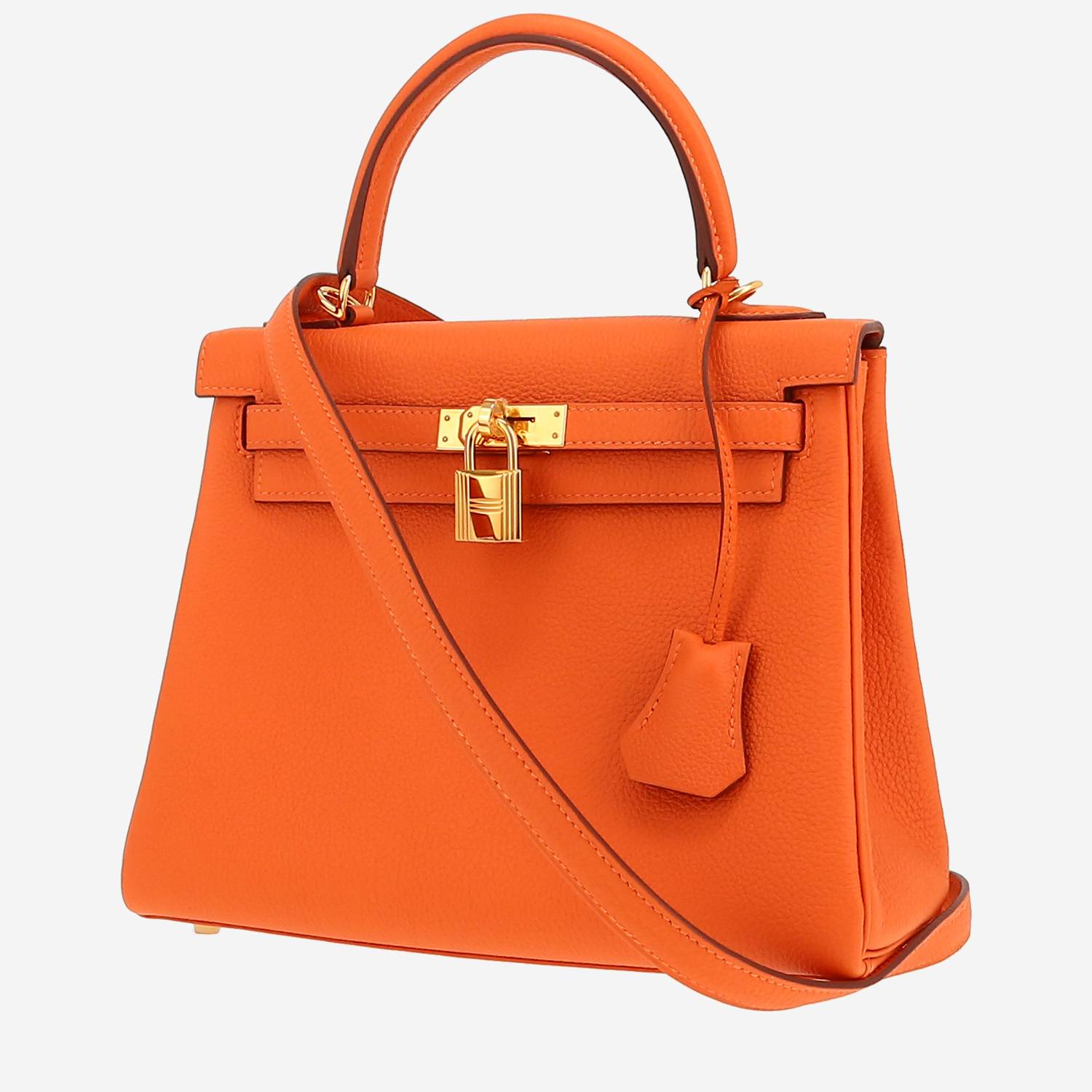 Bolso de mano Hermès  Kelly 25 cm en cuero togo naranja