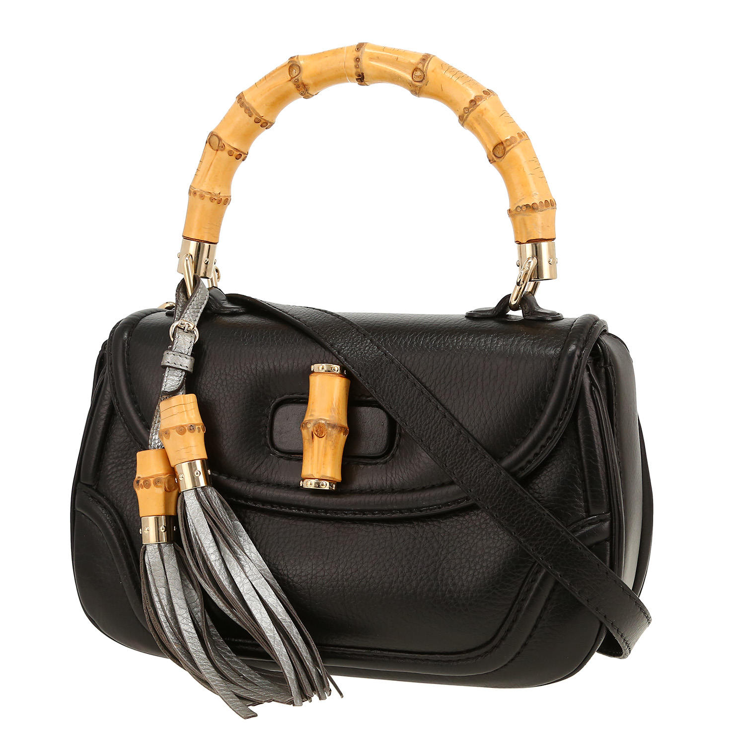 Bolso de mano Gucci  Bamboo en cuero granulado negro y bambú - Detail D4