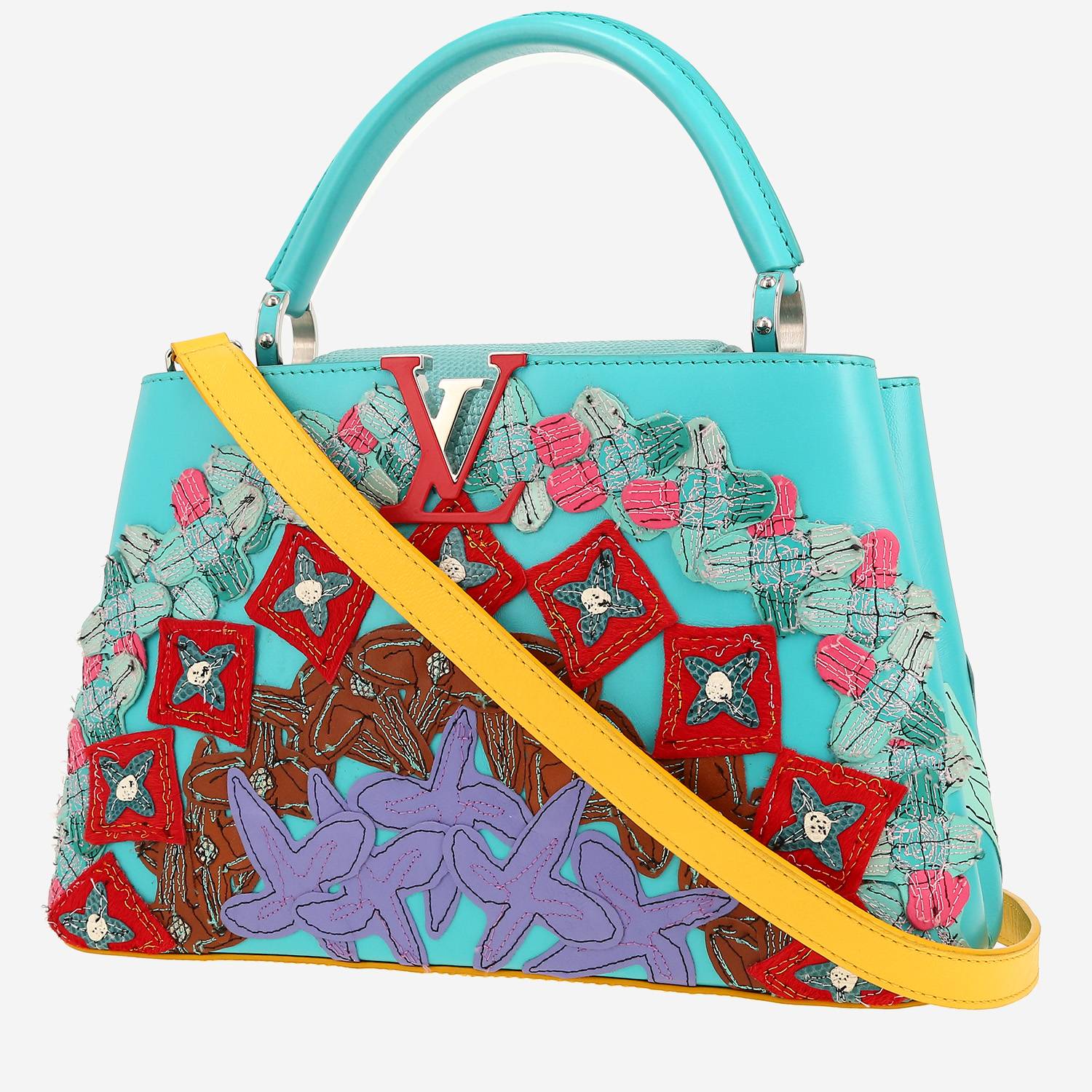 Bolso bandolera Louis Vuitton  Capucines MM en cuero azul, rosa rojo y violeta y piel de lagarto azul