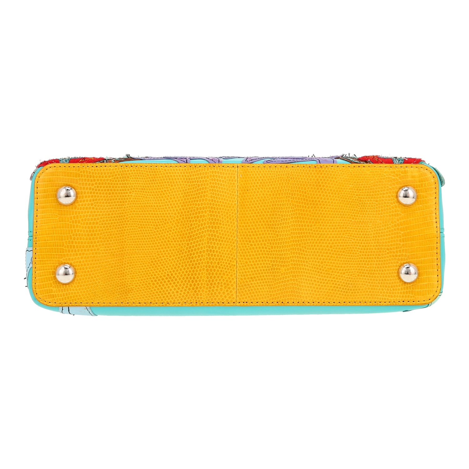 Borsa a tracolla Louis Vuitton  Capucines MM in pelle blu, rosa rossa e viola e lucertola blu - Detail D1