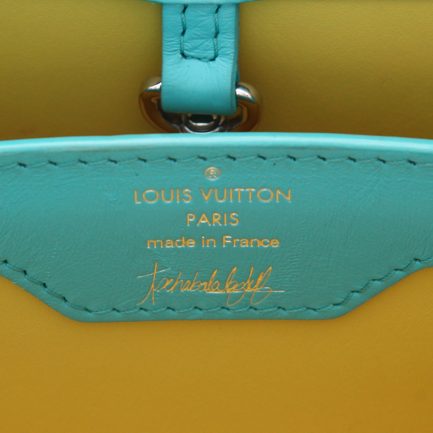 Sac bandoulière Louis Vuitton  Capucines MM en cuir bleu, rose rouge et violet et lézard bleu - Detail D2