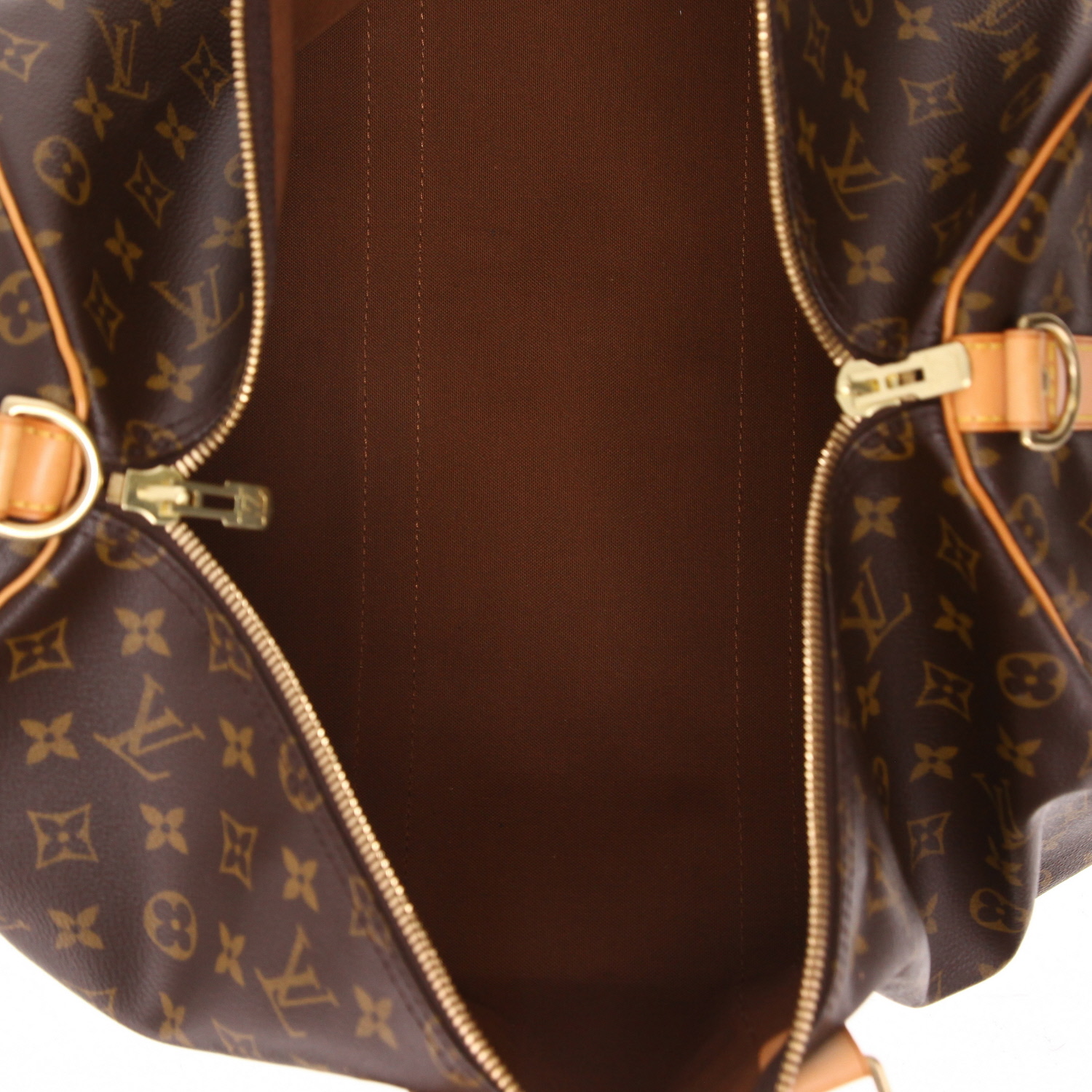 Bolsa de viaje Louis Vuitton Keepall 50 de lona Monogram marrón y piel natural - Detail D3