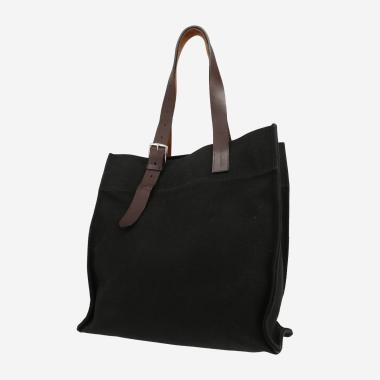 Sac cabas Hermès  Etrivière  en toile noire et cuir marron