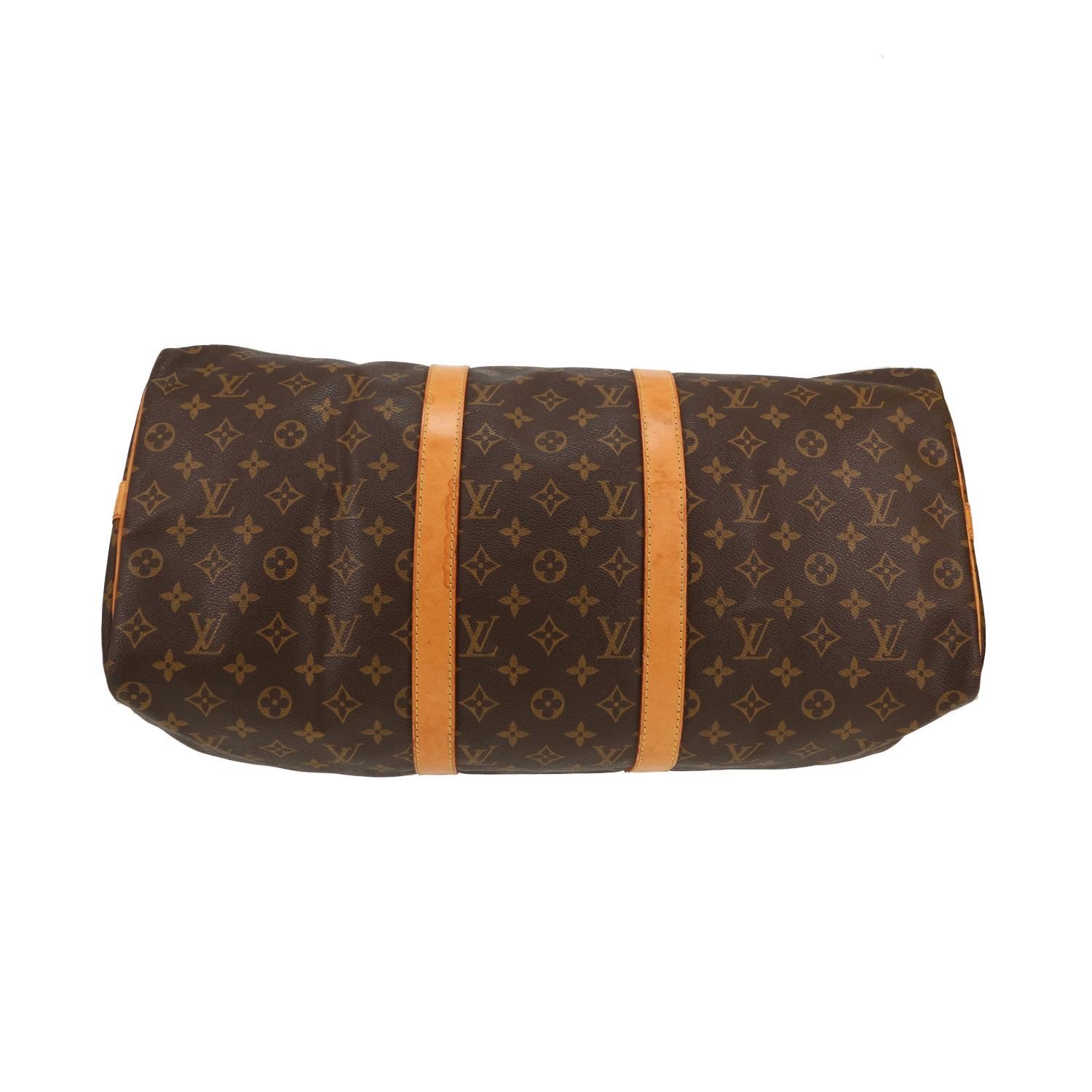 Bolsa de viaje Louis Vuitton Keepall 50 de lona Monogram marrón y piel natural - Detail D1