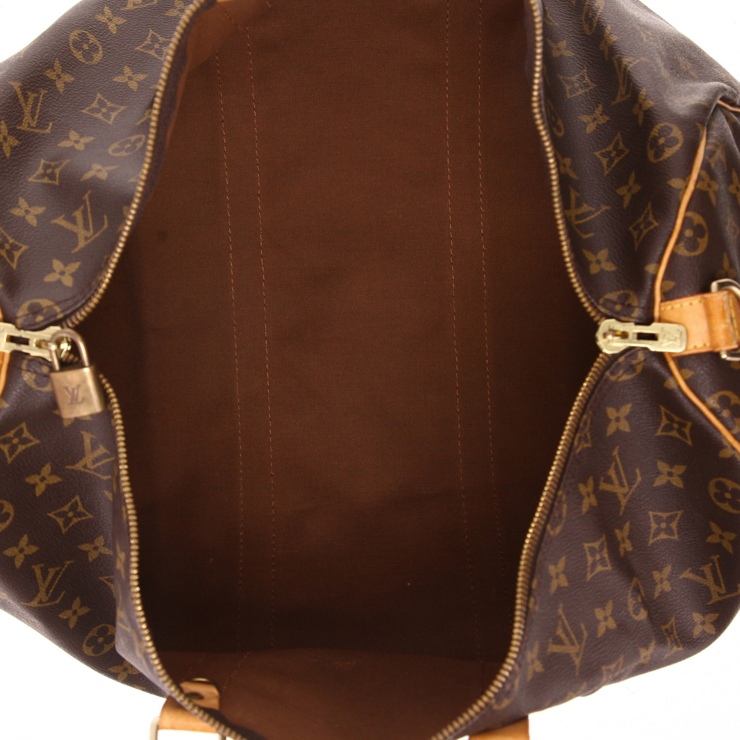 Bolsa de viaje Louis Vuitton Keepall 50 de lona Monogram marrón y piel natural - Detail D3