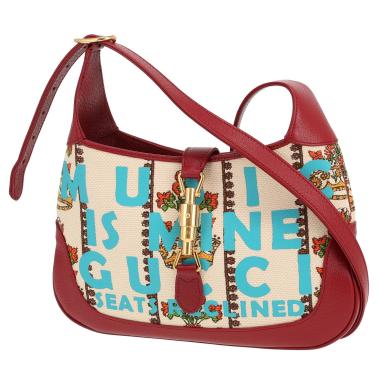 Bolso de mano Gucci Jackie Centennial Music is Mine en lona beige y cuero color burdeos
