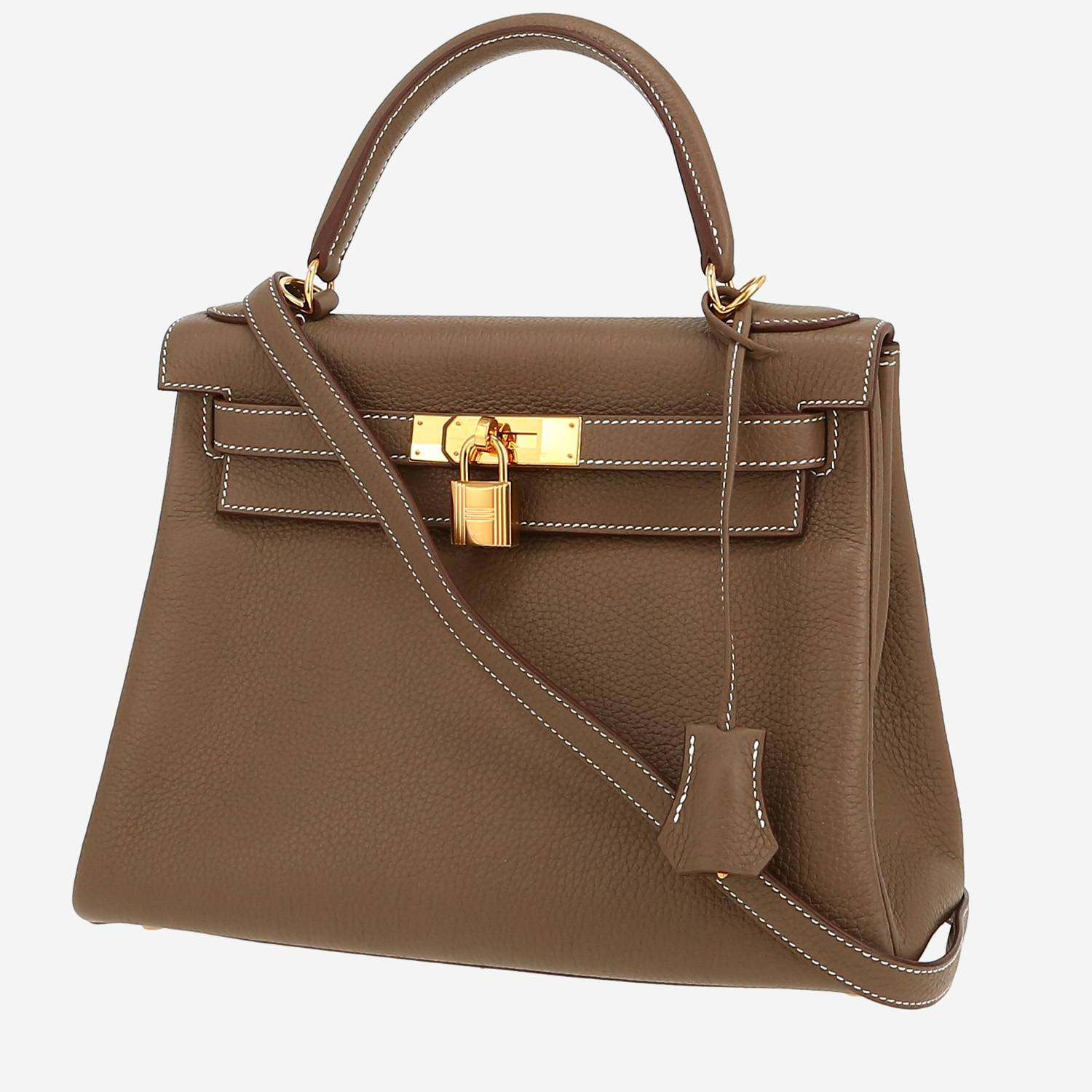 Bolso de mano Hermès  Kelly 28 cm en cuero taurillon clémence marrón etoupe
