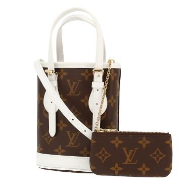 Sac bandoulière Louis Vuitton  Bucket mini  en toile monogram enduite marron et cuir blanc