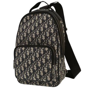 Sac à dos Dior   en toile monogram Oblique bleu-marine et beige et cuir noir