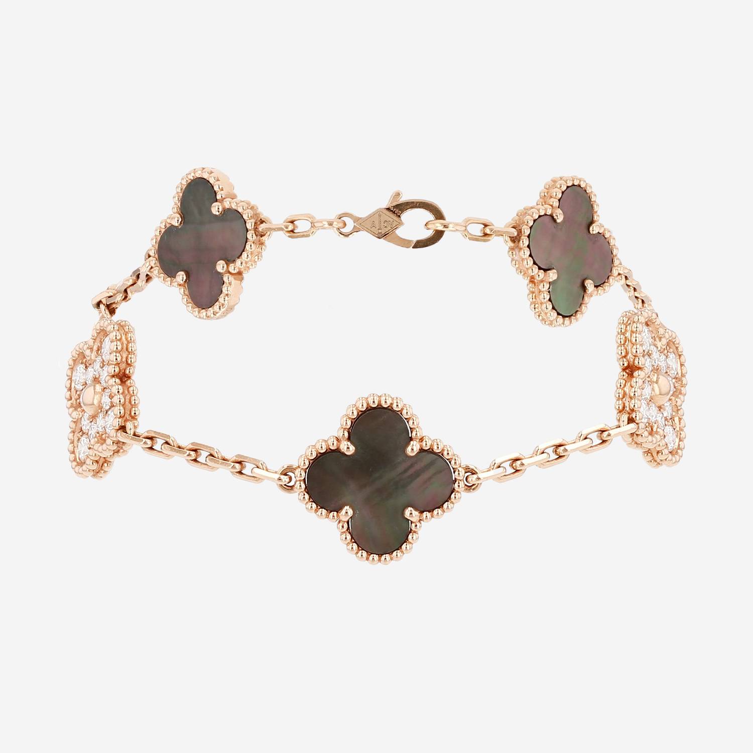 Brazalete Van Cleef 
Arpels Vintage Alhambra de oro rosa, nácar gris y diamantes