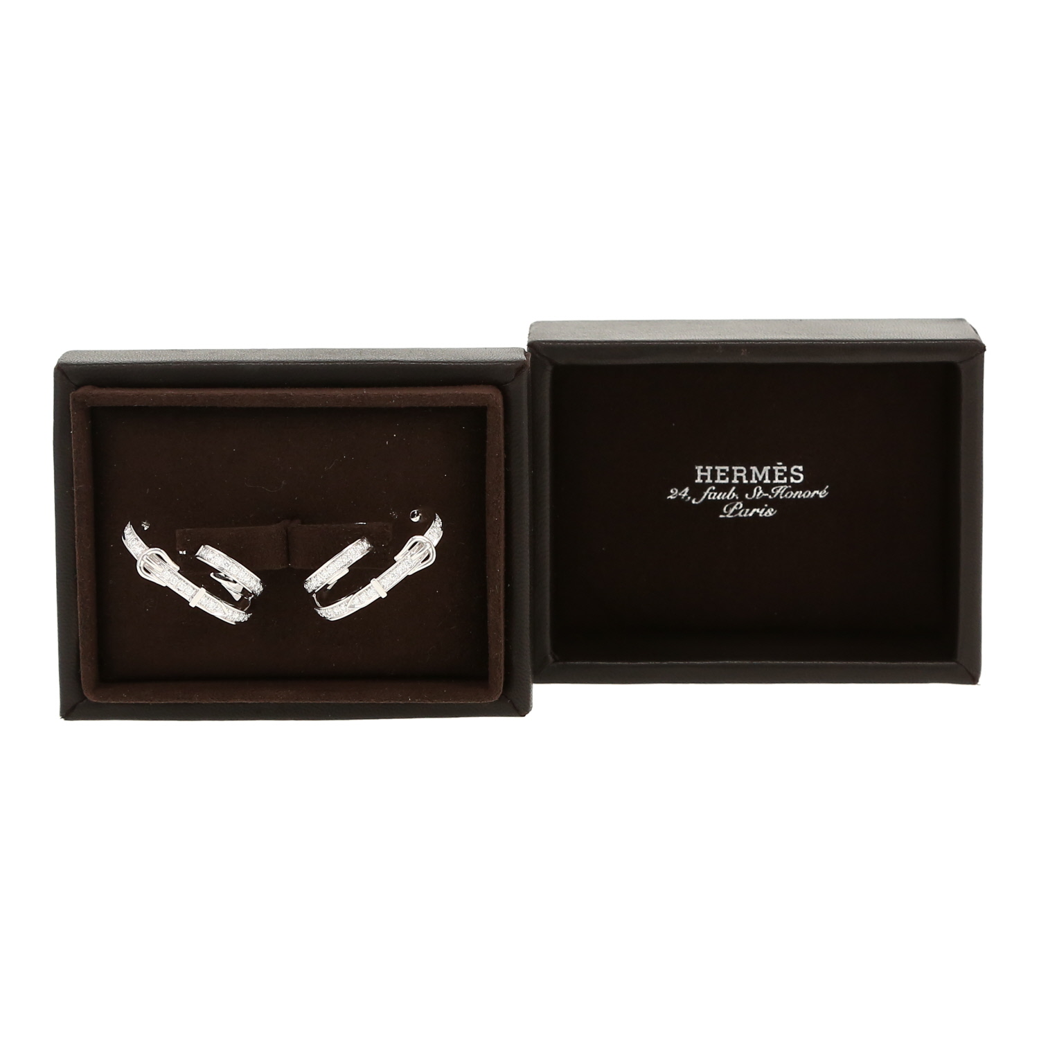 Paire de boucles d'oreilles Hermès Etrivière petit modèle en or blanc et diamants - Detail D2