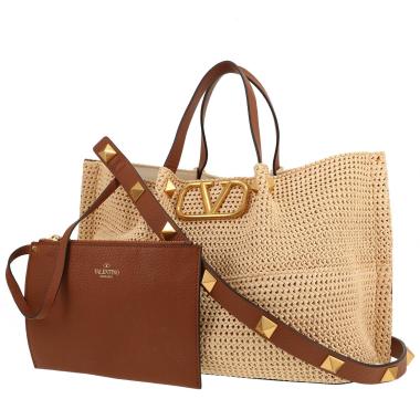 Valentino Garavani   shopping bag  in beige raphia  and brown leather