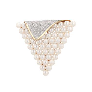Broche-pendentif Vintage  en or jaune, or blanc, or jaune 14k,perles de culture en diamants