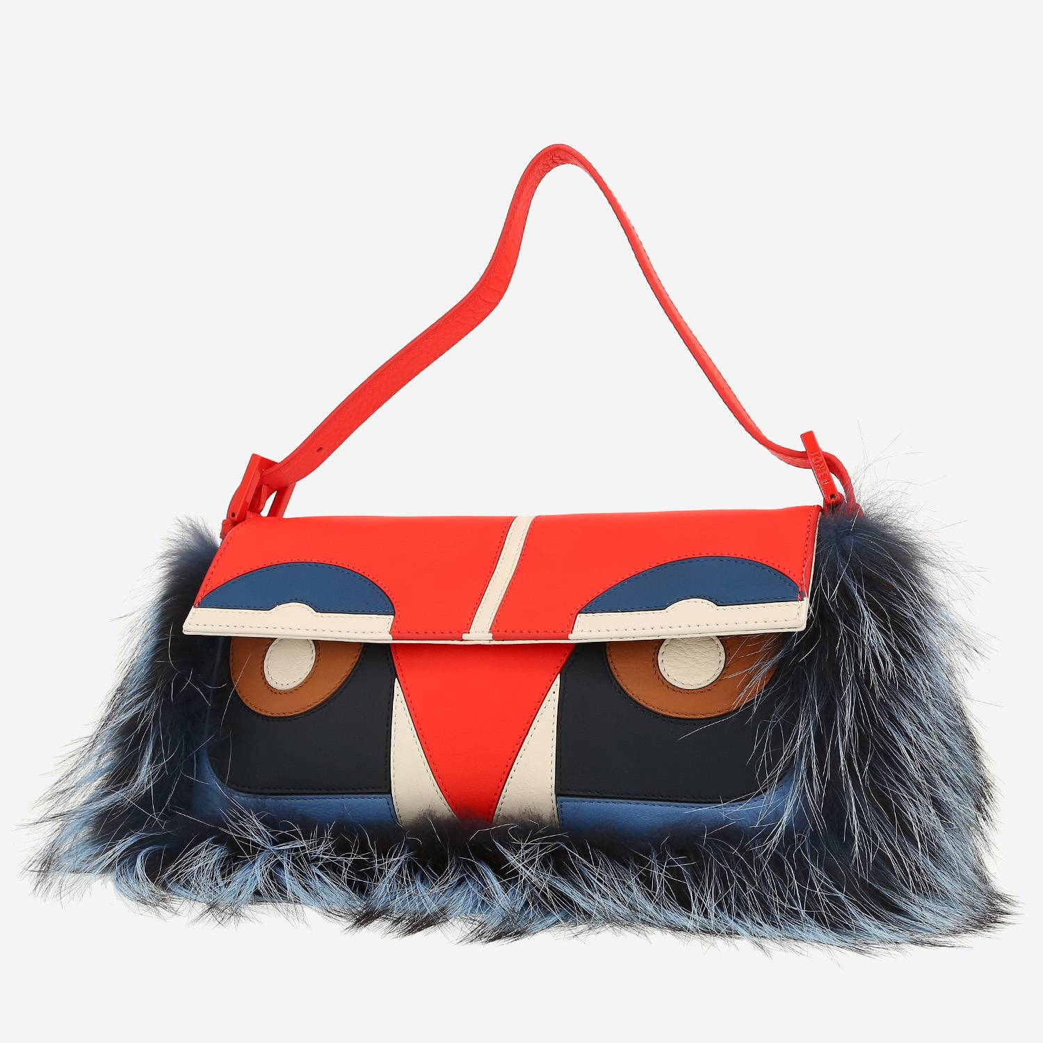 Fendi  Baguette handbag  in red, blue, white and black leather  and blue furr