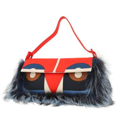 Fendi  Baguette handbag  in red, blue, white and black leather  and blue furr
