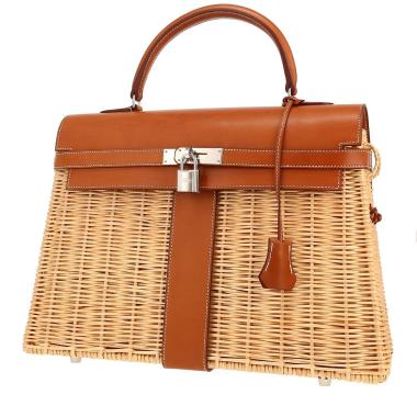 Borsa Hermès  Kelly Picnic 35 in vimini e pelle Barenia terra di Siena bruciata