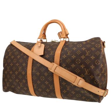 Borsa da viaggio Louis Vuitton Keepall 50 in tela Monogram marrone e pelle naturale