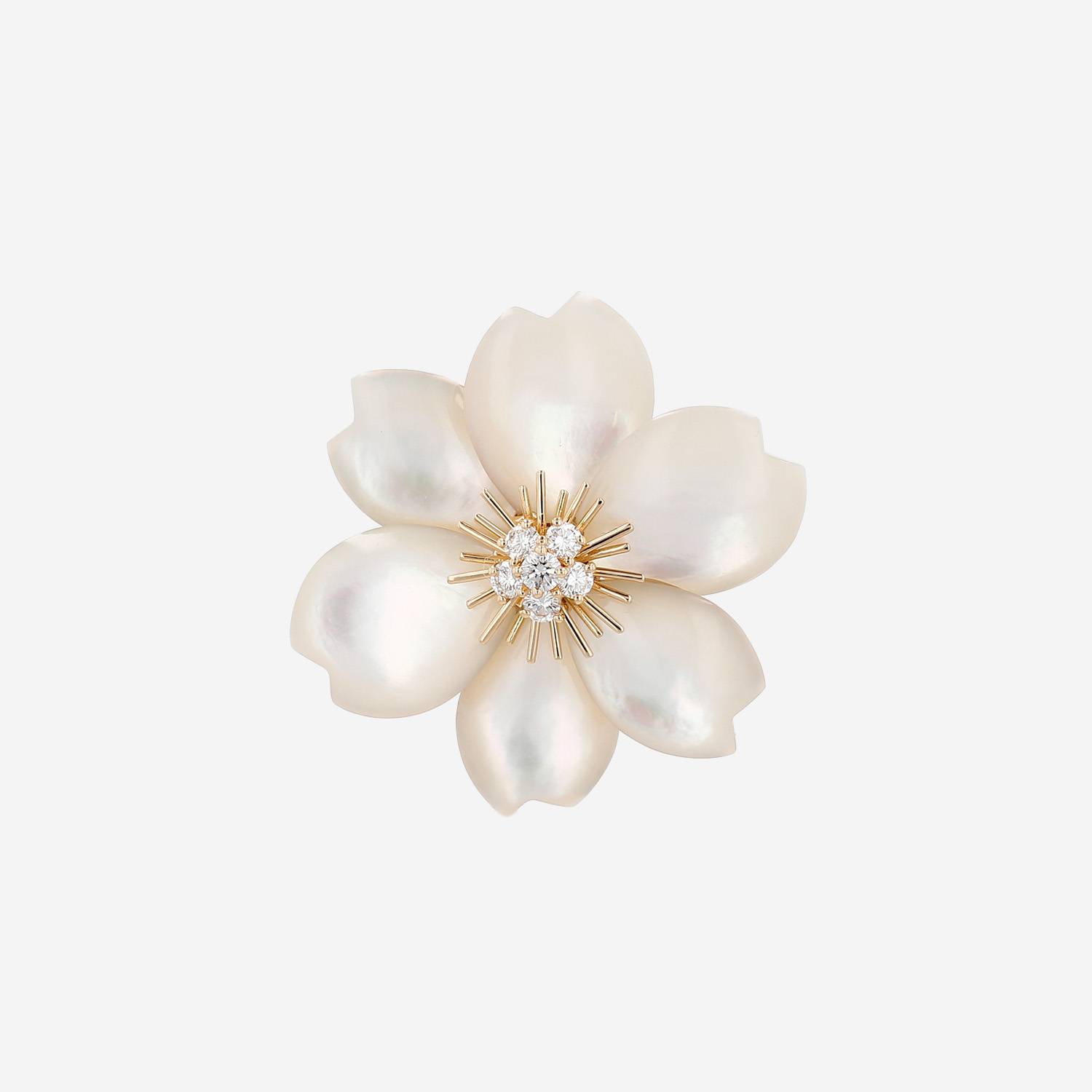 Van Cleef 
Arpels Rose de Noel medium model clip in yellow gold, diamonds and mother of pearl