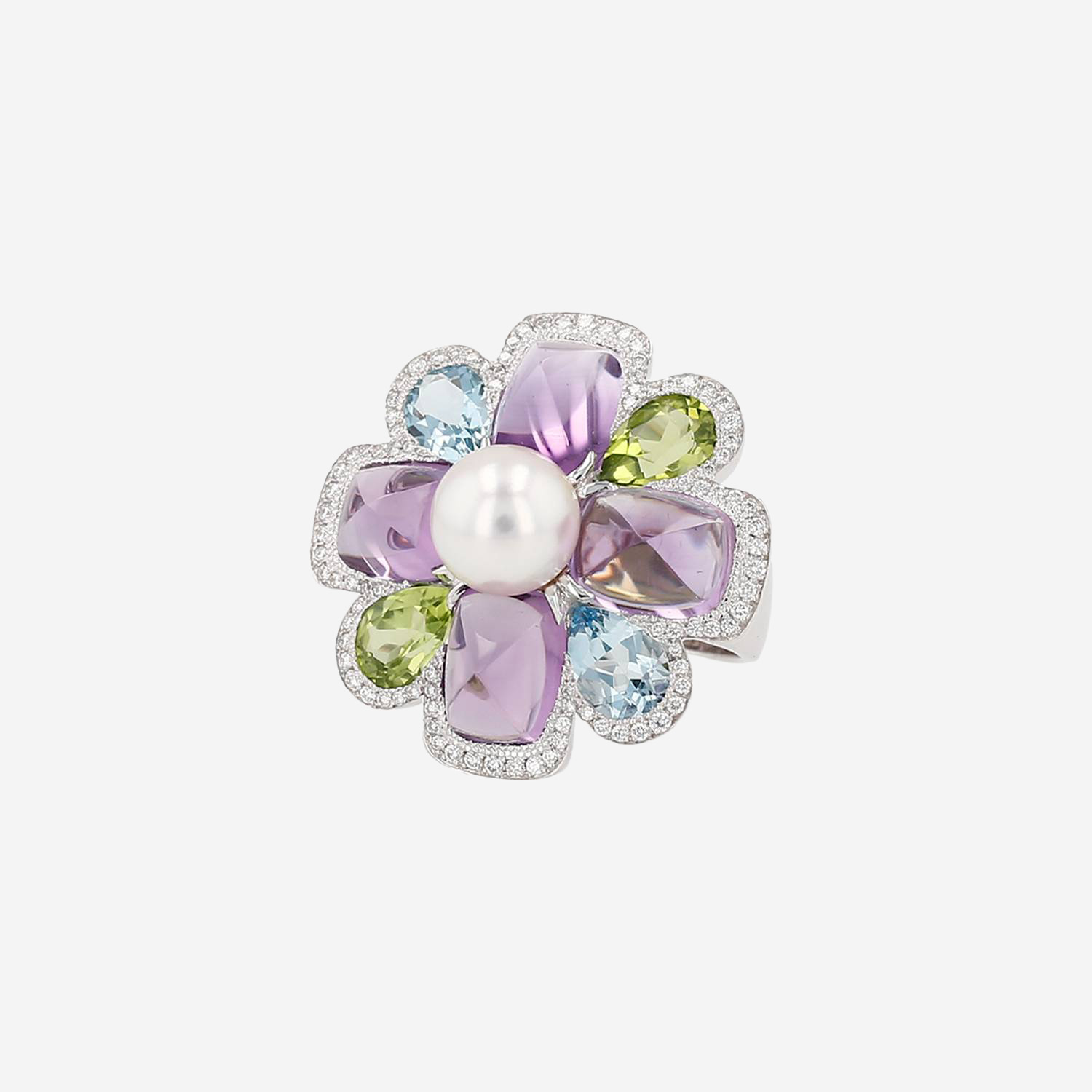 Chanel San Marco ring in white gold, diamonds, colored stones and cultured pearl