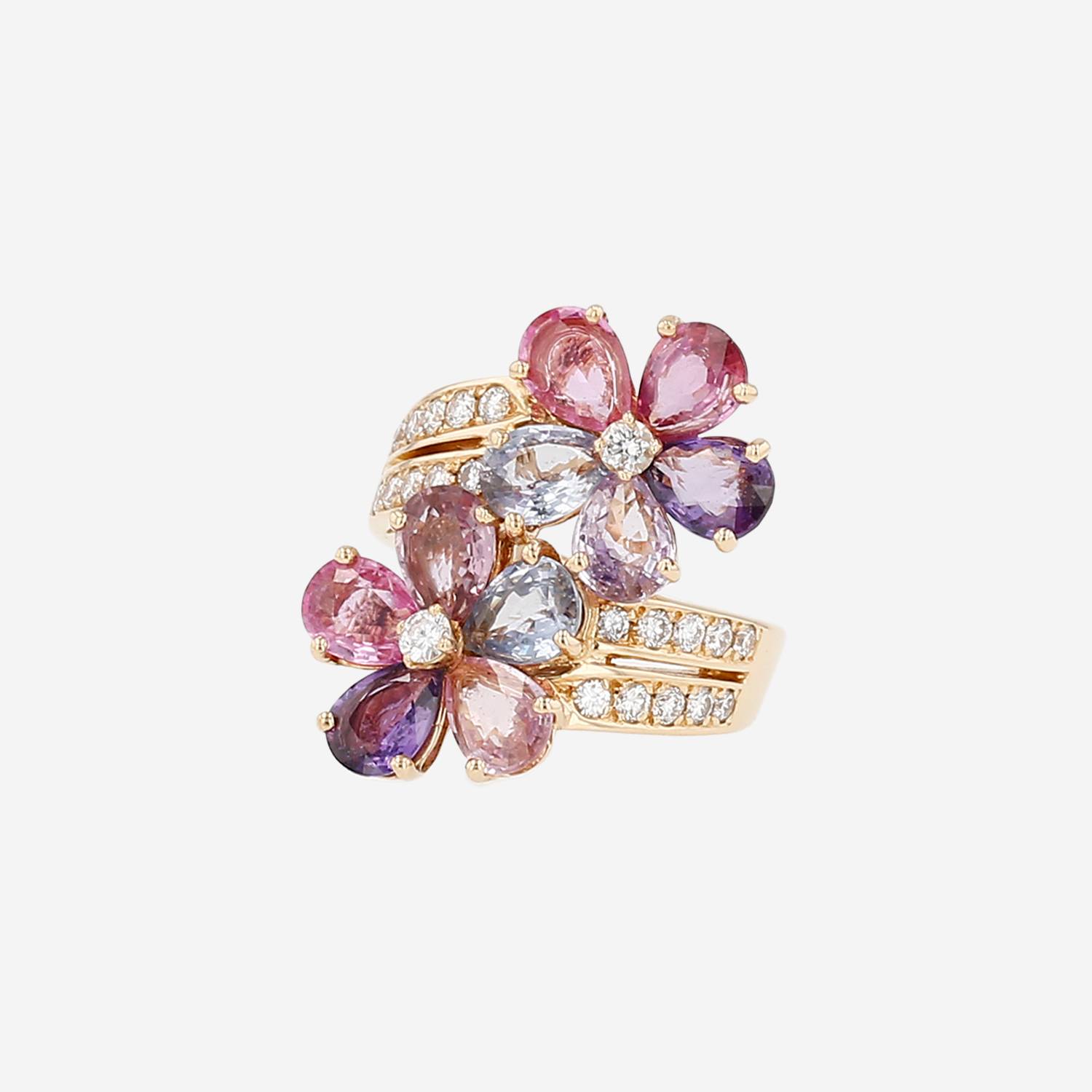 Bulgari Sapphire Flower large model ring in yellow gold, diamonds and sapphires