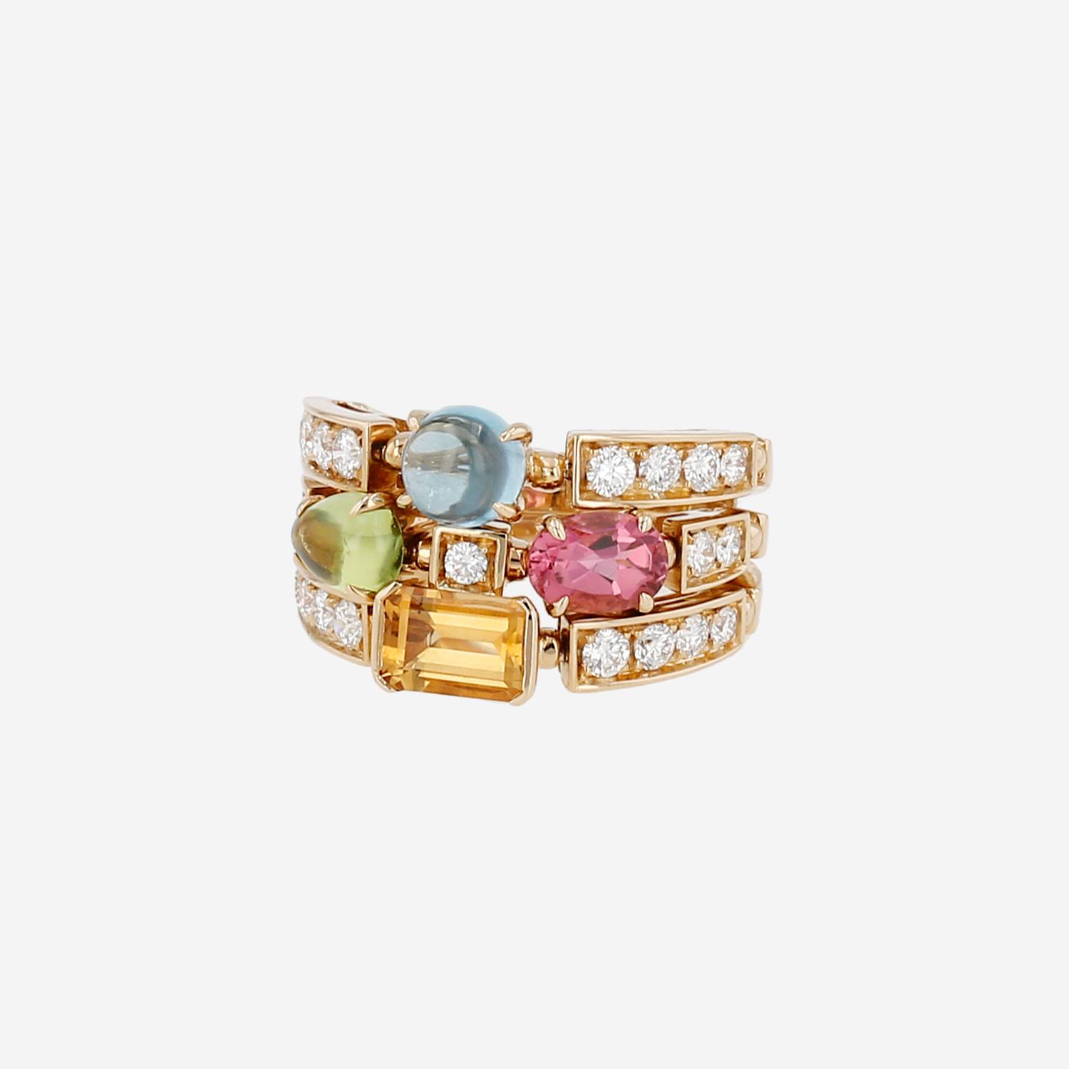 Articulated Bulgari Allegra large model ring in yellow gold, diamonds and colored stones