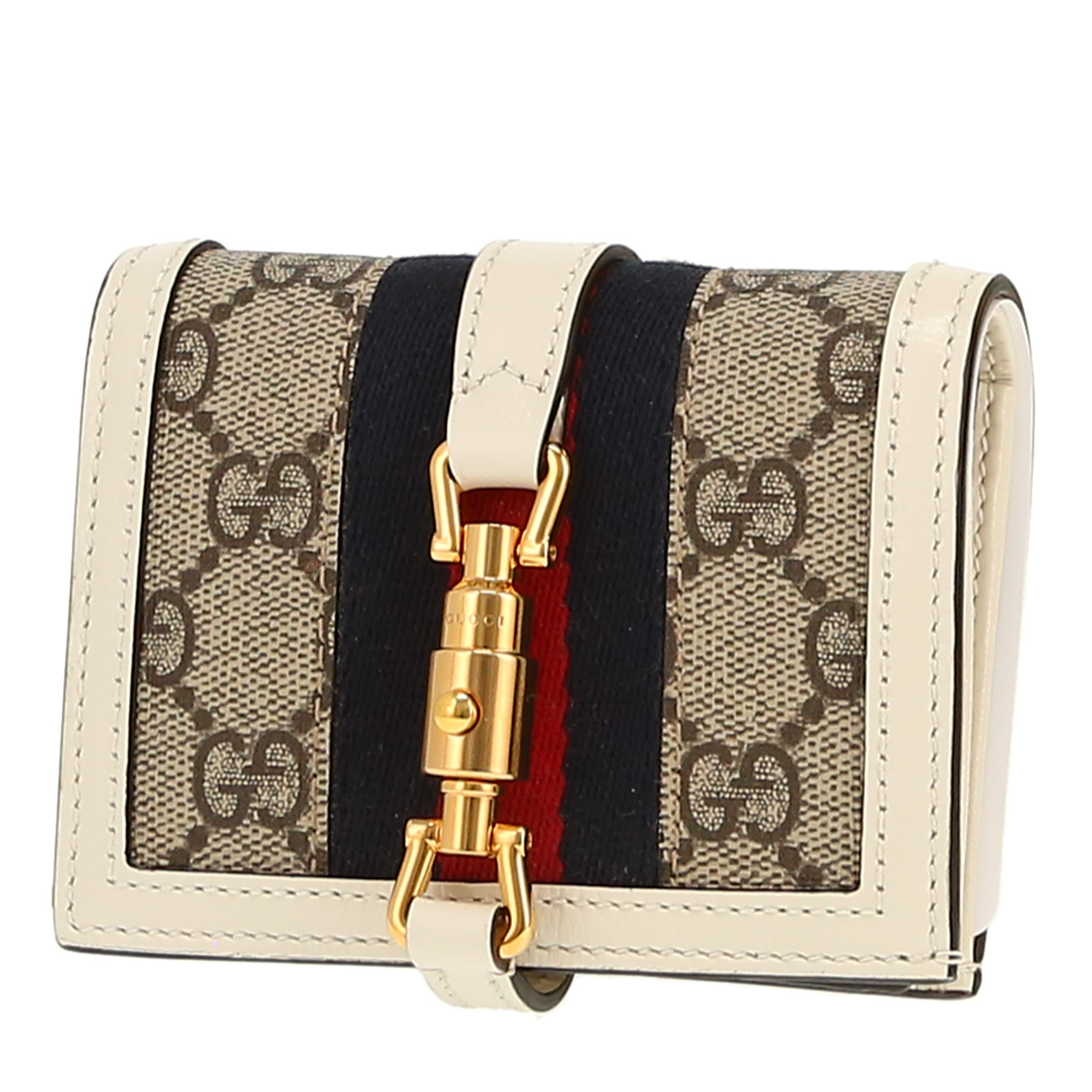 Bolso bandolera Gucci  1955 Horsebit en tejido "sûpreme GG" beige y cuero blanco - Detail D4